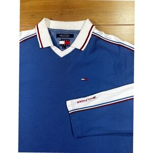 Vintage Tommy Jeans Blue Long Sleeve Collared Shirt Mens Sz L V Neck Waffle Knit